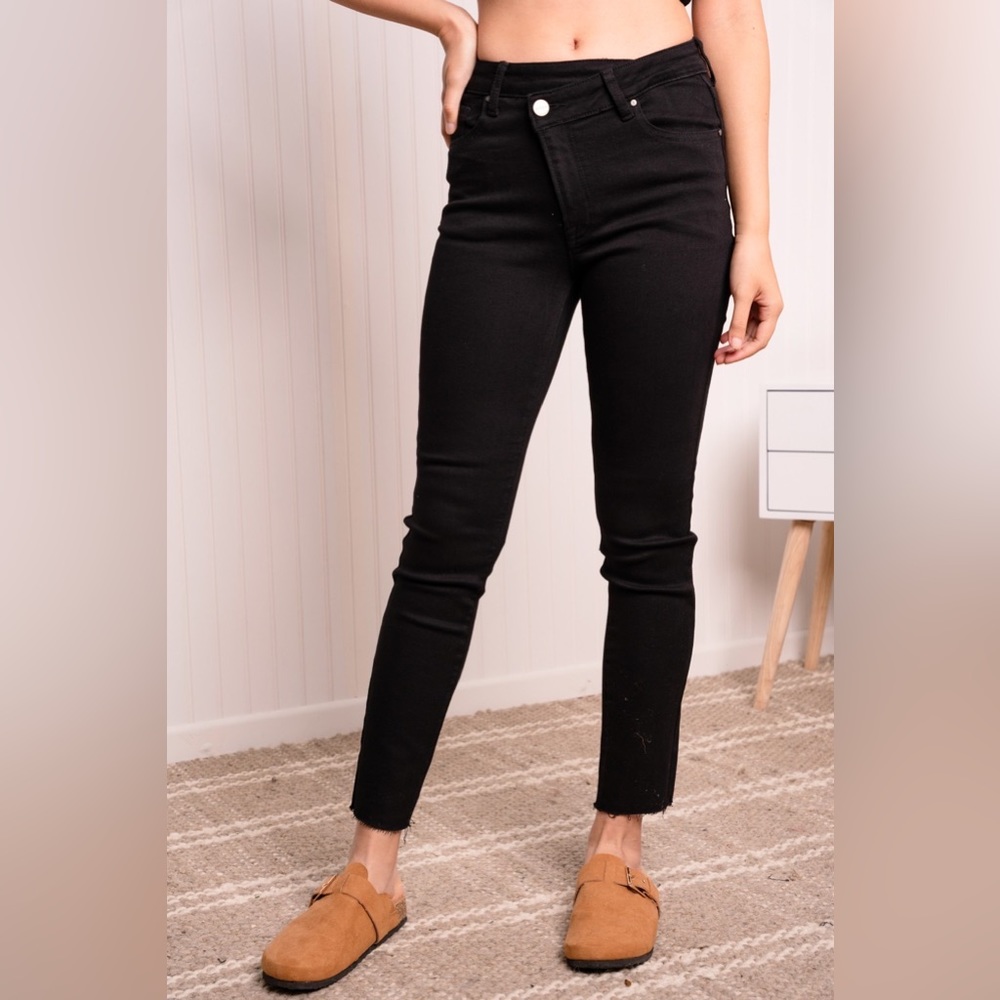 RISEN Full Size Asymmetrical Waist Raw Hem Jeans in Solid Black